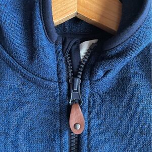 Woven Full Zip-Up Hoodie Jacket, Faux Leather Zipper Pull, Front Pockets